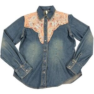 Martini Ranch Womens Denim Western Shirt Embroidered Paisley Studded Snap